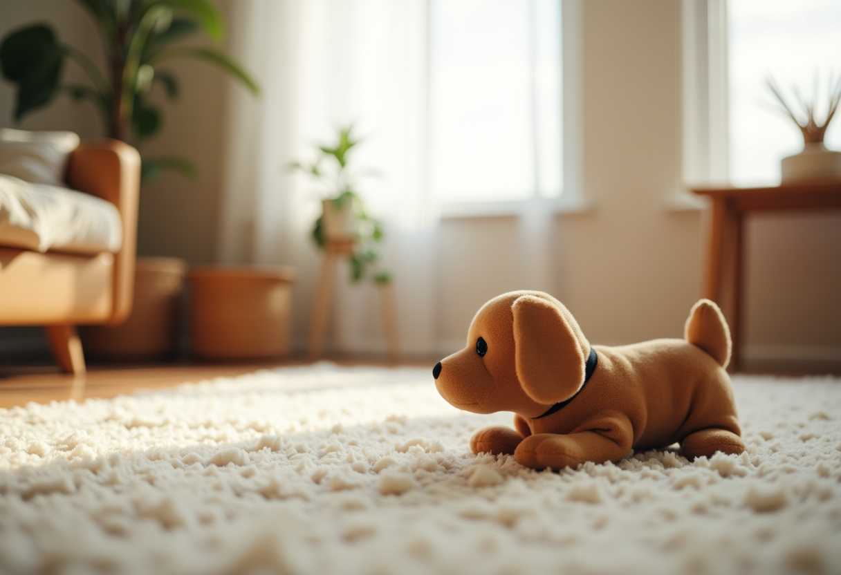 Cane gioca con un peluche colorato in un ambiente domestico