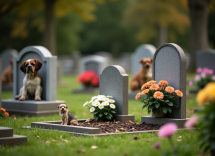 Cimitero per animali domestici con lapidi e fiori