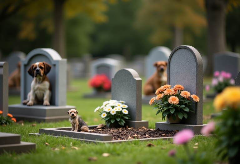 Cimitero per animali domestici con lapidi e fiori