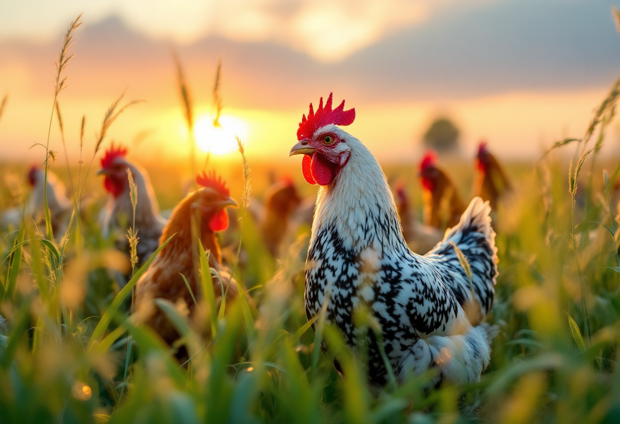 Gallina in un campo verde, simbolo di tradizione rurale