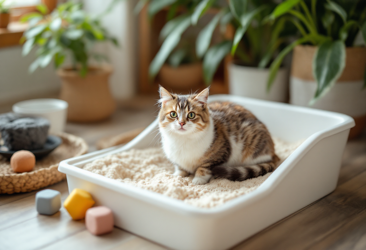 Gatto che dorme nella lettiera, simbolo di comfort