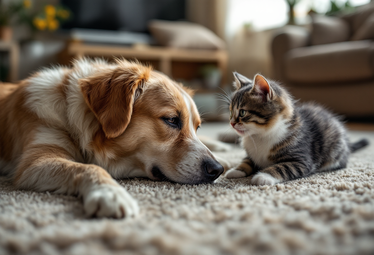 Cane e gatto che giocano insieme in un ambiente domestico